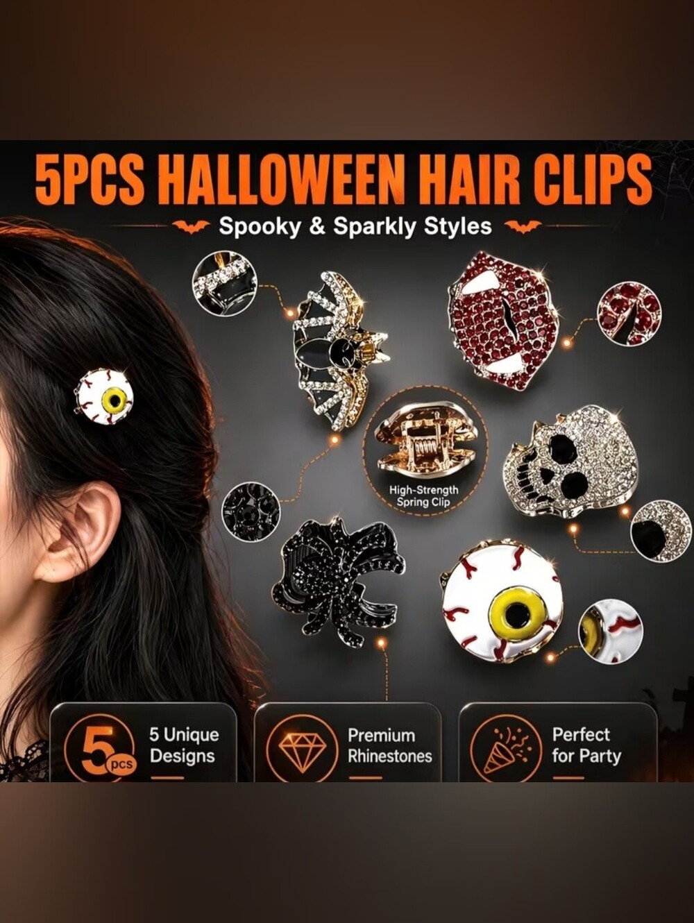 Halloween Hair Clips Set - Black & Gold Rhinestone Accents Set Of 5
